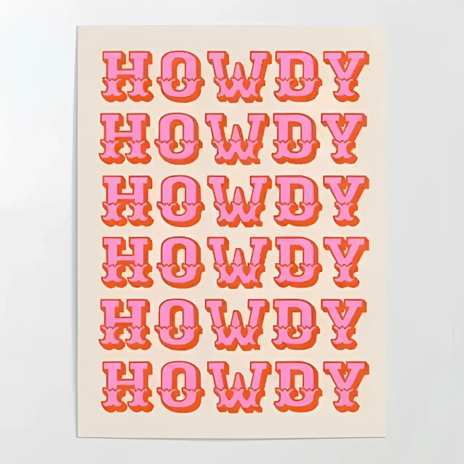 A vibrant Pink Howdy Wall Art Poster featuring a repeated 'Howdy' text in bold, Western-style pink letters on a light background. This eye-catching piece adds a playful touch to any space, perfect for complementing living room area rugs or large living room rugs with a pop of color.