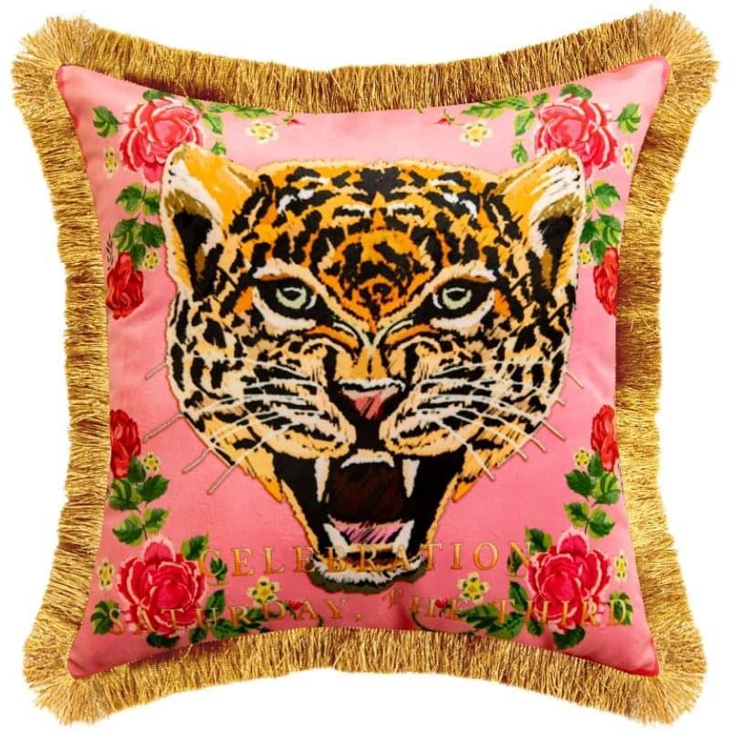 Pink Leopard Face Throw Pillow with Gold Fringe