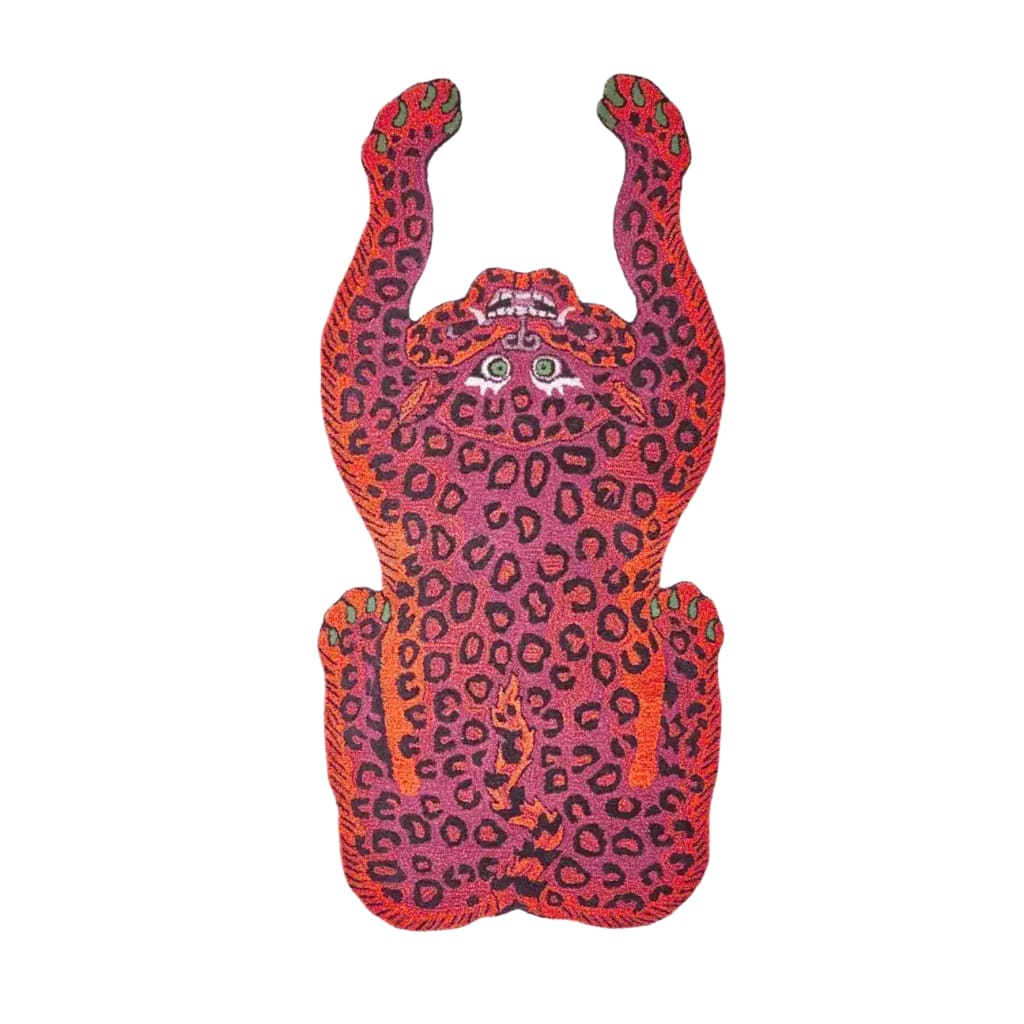 The Pink Leopard Yogi Accent Wool Rug, an eye-catching area rug perfect for adding a bold statement to your living room. This vintage rug features a whimsical pink leopard design, ideal for those seeking unique living room rugs in an 8x10 size. Made from high-quality wool, this large area rug offers both style and comfort.