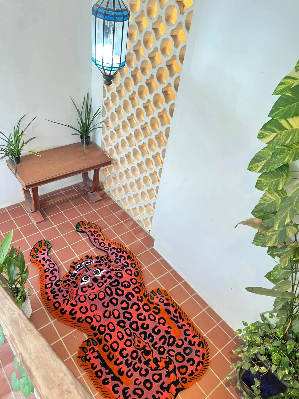 A vibrant Pink Leopard Yogi Accent Wool Rug adds a playful touch to a modern living space. The large area rug features a bold leopard design in striking pink and orange tones, perfect for those seeking unique living room rugs 8x10. Surrounded by plants and a wooden bench, this wool rug brings a vintage charm to the tiled floor, ideal for enhancing any living room decor.