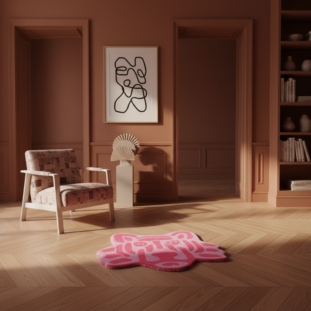 Pink Lion Face Hand Tufted Rug