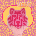 A vibrant, hand-tufted pink lion face area rug, perfect for adding a lively touch to any office space. This round wool rug is ideal for those looking to incorporate unique office rugs into their decor. The rug features bold patterns and is shown against a colorful, abstract background with the word 'WOW!' prominently displayed.