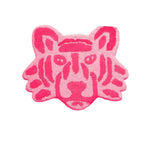 Vibrant pink lion face hand-tufted area rug, perfect for adding a bold touch to your office decor. This round wool rug offers a playful and artistic design, ideal for those seeking unique office rugs or large area rugs to enhance their workspace.