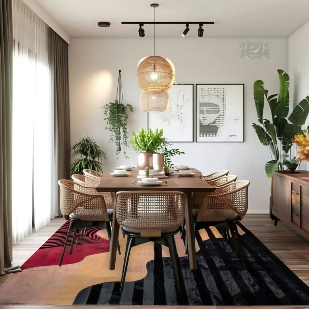 A contemporary dining room featuring a Pink Petal Hand Tufted Wool Rug that adds a vibrant touch to the space. The area rug, perfect for living room rugs 8x10, showcases an abstract design with bold colors, complementing the modern dining room setup with wooden furniture and lush green plants. Ideal for those seeking stylish dining room carpets and wool rugs.