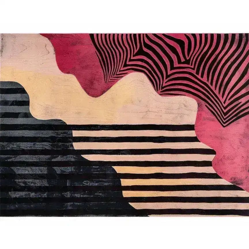 Vibrant Pink Petal Hand Tufted Wool Rug featuring abstract patterns in shades of pink, black, and beige, perfect for adding a contemporary flair to dining rooms or living rooms. This 8x10 area rug blends modern design with the luxurious feel of wool, making it an ideal choice for dining room carpets or living room rugs.