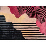 Vibrant Pink Petal Hand Tufted Wool Rug featuring abstract patterns in shades of pink, black, and beige, perfect for adding a contemporary flair to dining rooms or living rooms. This 8x10 area rug blends modern design with the luxurious feel of wool, making it an ideal choice for dining room carpets or living room rugs.