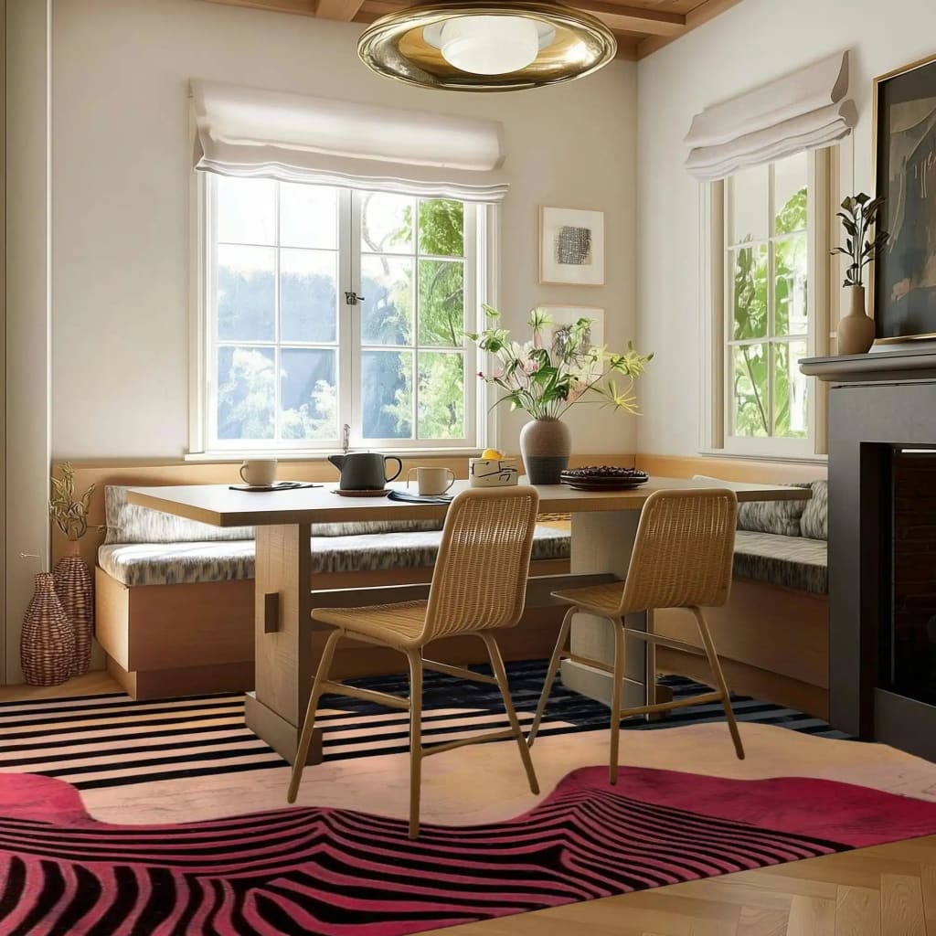 A stylish dining room featuring a Pink Petal Hand Tufted Wool Rug. This contemporary area rug, perfect for living room rugs 8x10, showcases a vibrant abstract design that complements the cozy dining room setting. The wool rug adds warmth and texture, making it an ideal choice for dining room carpets and enhancing the overall aesthetic of the living room.