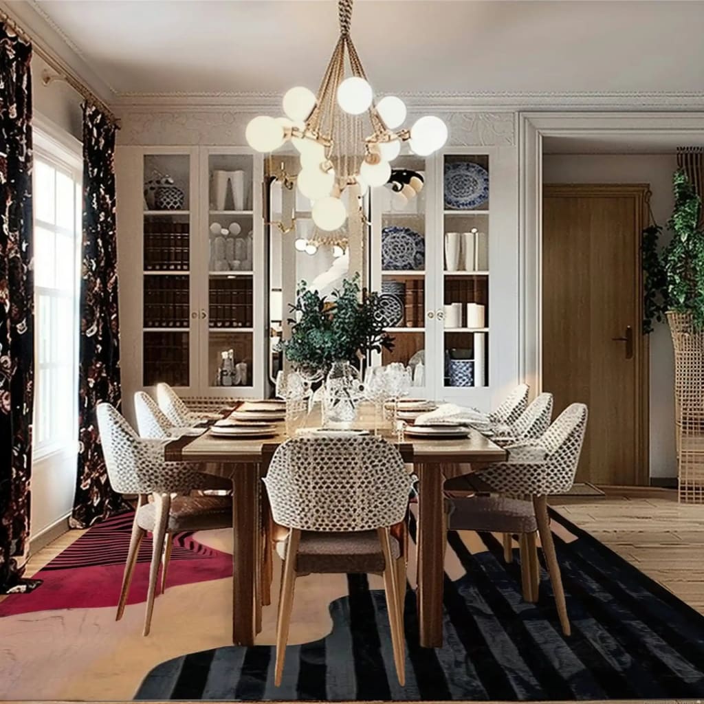 Elegant dining room featuring a contemporary 8x10 area rug with bold pink and black stripes, crafted from luxurious wool. The rug complements the modern dining setup with a wooden table and patterned chairs, enhancing the cozy and stylish ambiance of the space.