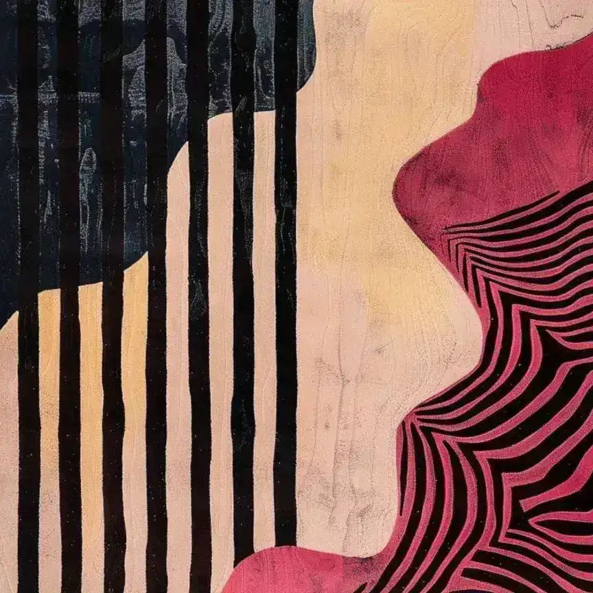 Close-up view of the Pink Petal Hand Tufted Wool Rug, showcasing abstract black stripes and vibrant pink wave patterns. Ideal for adding a contemporary touch to living rooms or dining spaces. Perfect as an area rug or dining room carpet, this 8x10 wool rug combines style and comfort.