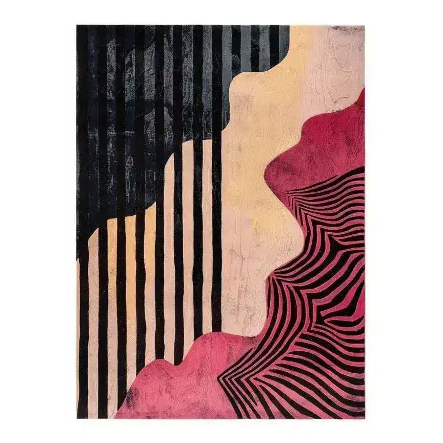Contemporary Pink Petal Hand Tufted Wool Rug for dining room and living room settings. The area rug features an abstract design with bold black stripes and vibrant pink waves, perfect as an 8x10 living room or dining room carpet.