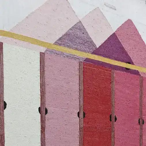 Vibrant geometric area rug with a pink prism design, showcasing a modern and contemporary style. This hand-tufted wool rug is perfect for adding a touch of elegance to any living room. Ideal for those seeking unique area rugs for their living space, blending vintage charm with contemporary aesthetics.