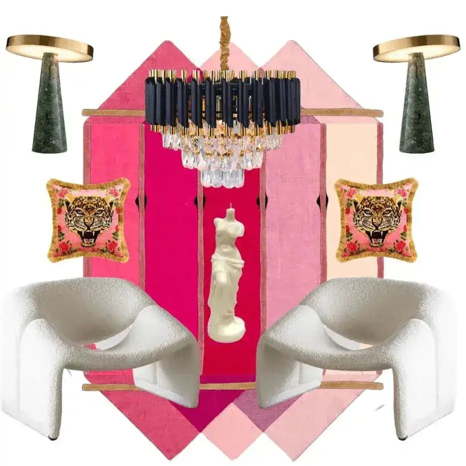 A vibrant Pink Prism Geometric Hand-Tufted Wool Rug perfect for contemporary living rooms. This area rug features bold pink hues and geometric patterns, adding a modern yet vintage touch to any space. Ideal for those seeking stylish and unique area rugs for living room settings.