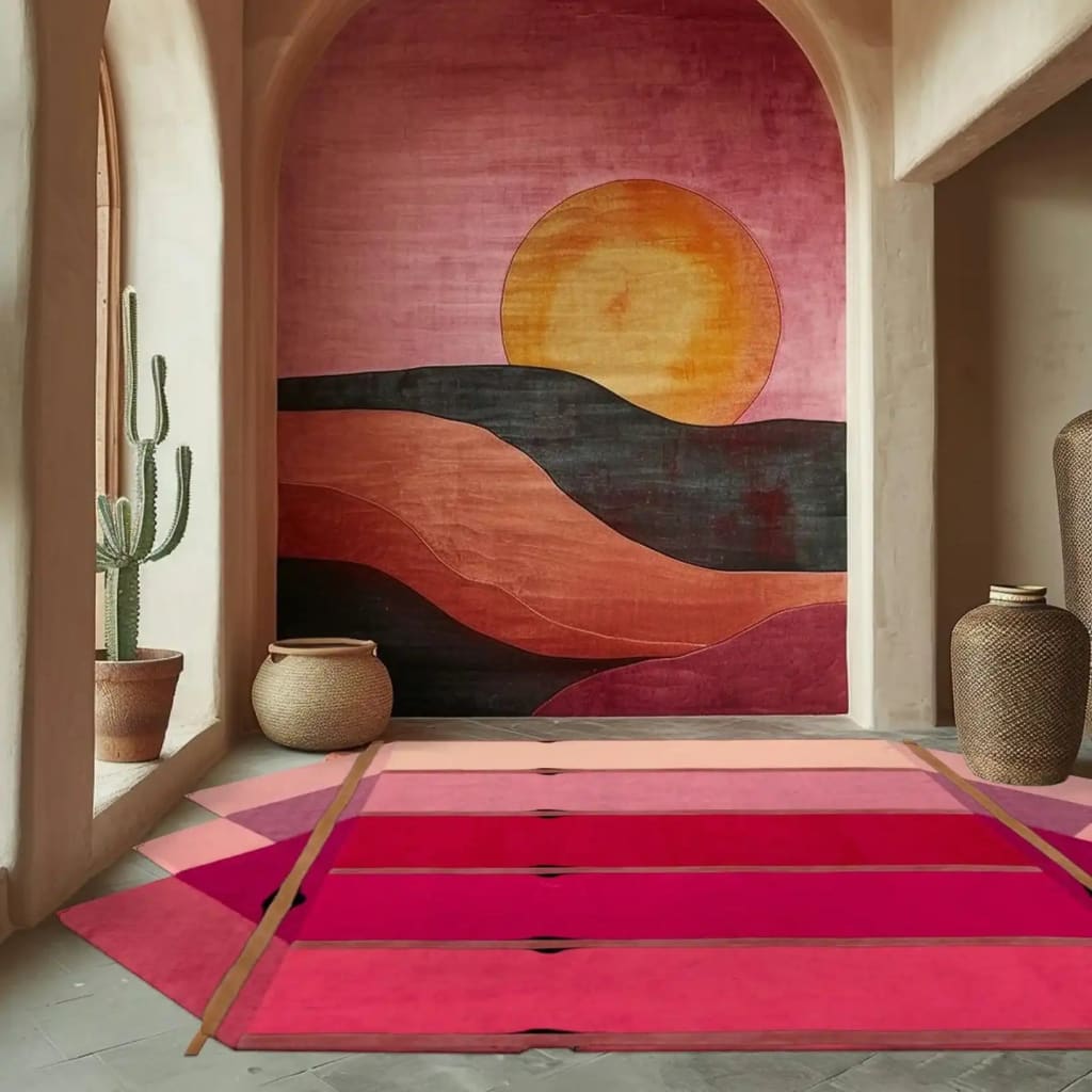 This image features the Pink Prism Geometric Hand-Tufted Wool Rug, a contemporary rug perfect for living rooms. The rug showcases a vibrant pink and red geometric pattern, adding a modern touch to any space. It pairs beautifully with the warm tones of the room's decor, making it an ideal choice for those seeking area rugs for living room settings.