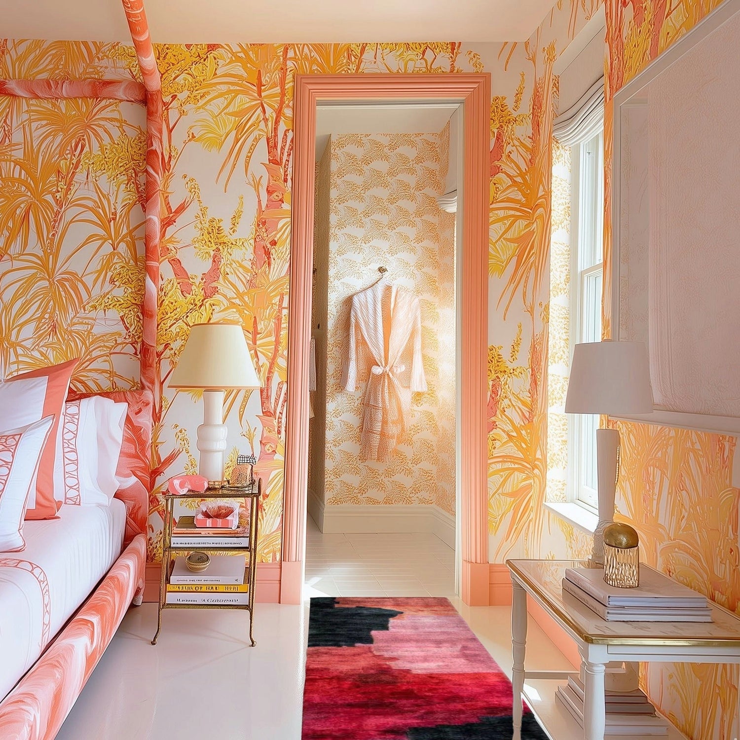 Pink, red, and black abstract brushstroke wool runner in a tropical-wallpapered bedroom with a side table and lamp