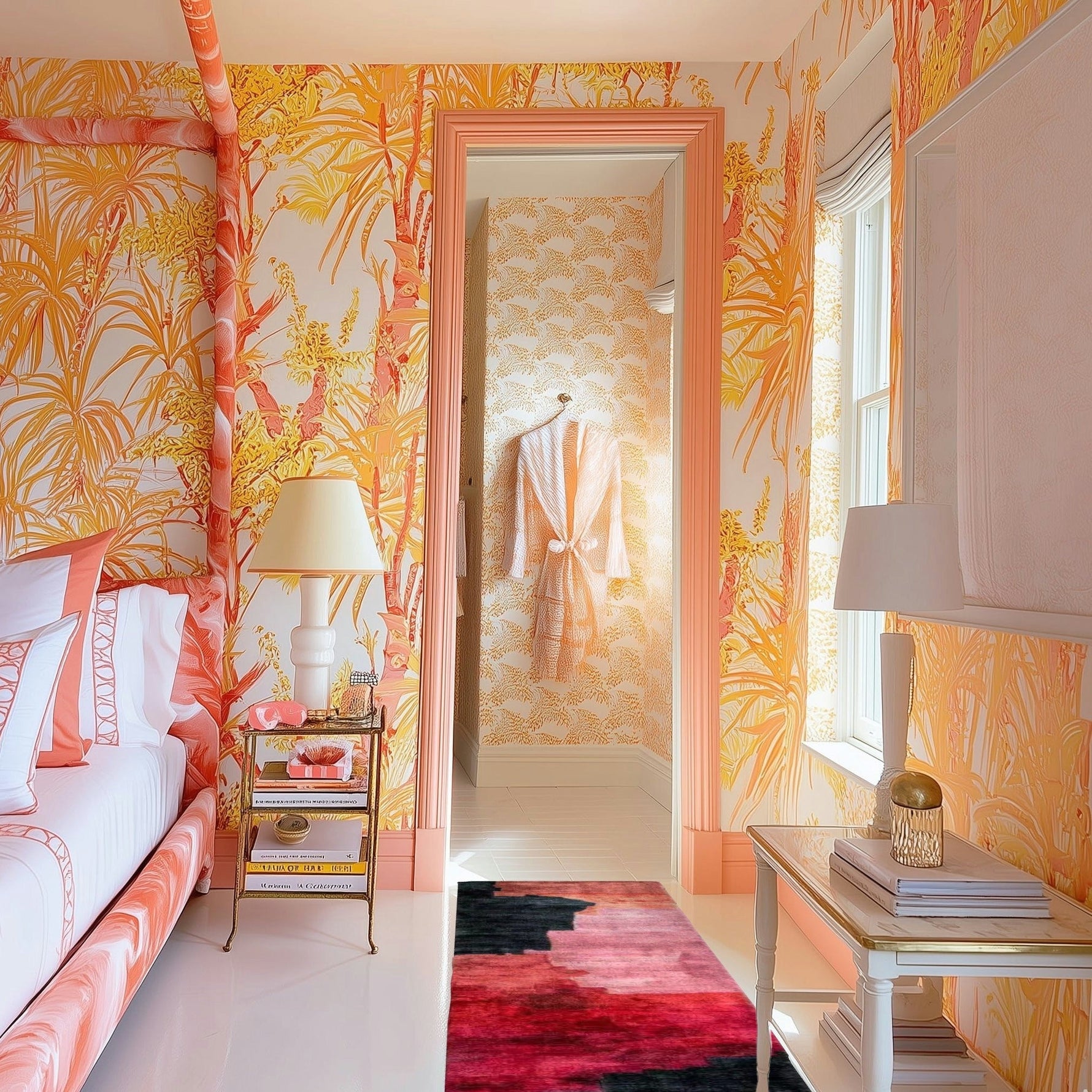 Pink, red, and black abstract brushstroke wool runner in a tropical-wallpapered bedroom with a side table and lamp