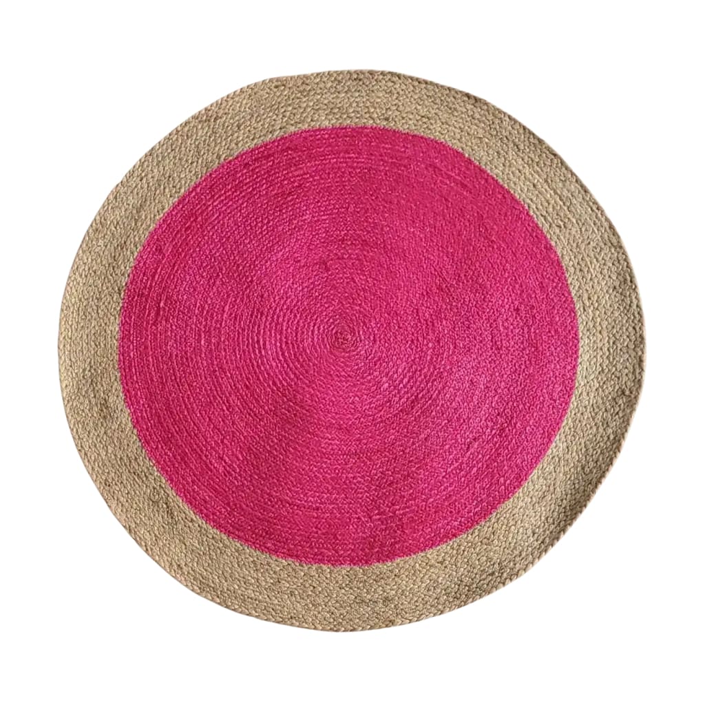 A vibrant pink round jute area rug, perfect for adding a splash of color to your living room. The boho rug features a natural jute border, making it an ideal choice for those seeking stylish area rugs for living room decor.