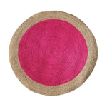 A vibrant pink round jute area rug, perfect for adding a splash of color to your living room. The boho rug features a natural jute border, making it an ideal choice for those seeking stylish area rugs for living room decor.