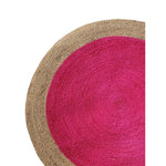 Vibrant pink round jute rug, ideal as an area rug for living rooms, showcasing a boho style with natural texture and colorful design.