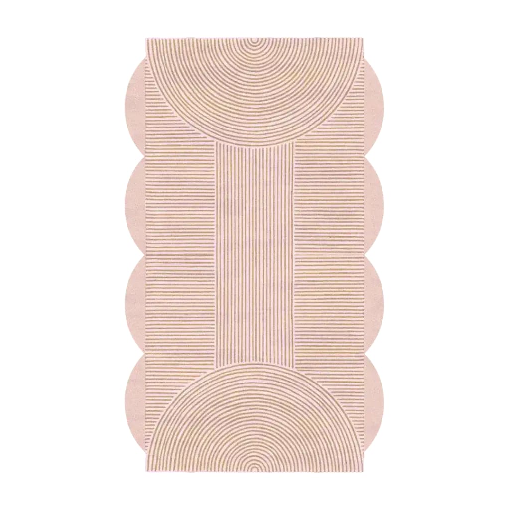 Top view of a Pink Scallop Arch Geometric Hand Tufted Wool Rug, perfect for dining room carpets or living room and dining room rugs. This elegant area rug features a unique scalloped edge with intricate geometric patterns, crafted from high-quality wool, ideal for adding a stylish touch to your dining room.