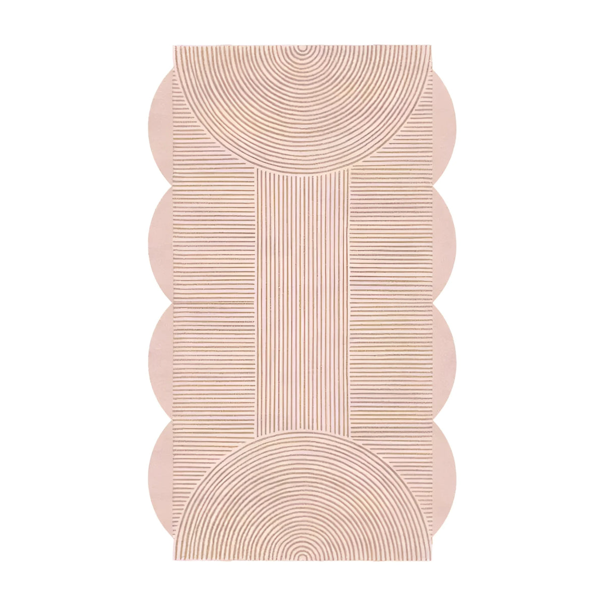 Top view of a Pink Scallop Arch Geometric Hand Tufted Wool Rug, perfect for dining room carpets or living room and dining room rugs. This elegant area rug features a unique scalloped edge with intricate geometric patterns, crafted from high-quality wool, ideal for adding a stylish touch to your dining room.