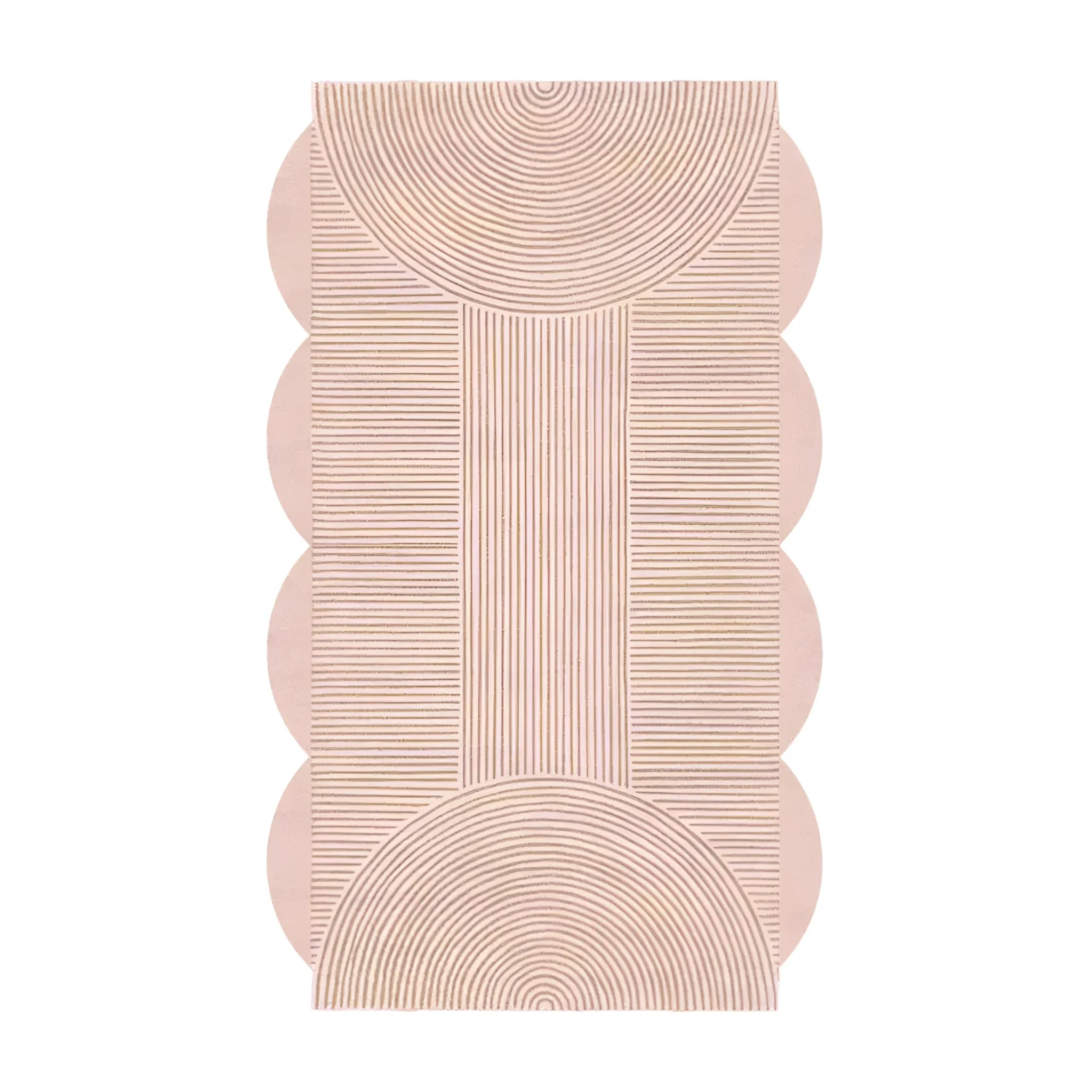 Top view of a Pink Scallop Arch Geometric Hand Tufted Wool Rug, perfect for dining room carpets or living room and dining room rugs. This elegant area rug features a unique scalloped edge with intricate geometric patterns, crafted from high-quality wool, ideal for adding a stylish touch to your dining room.