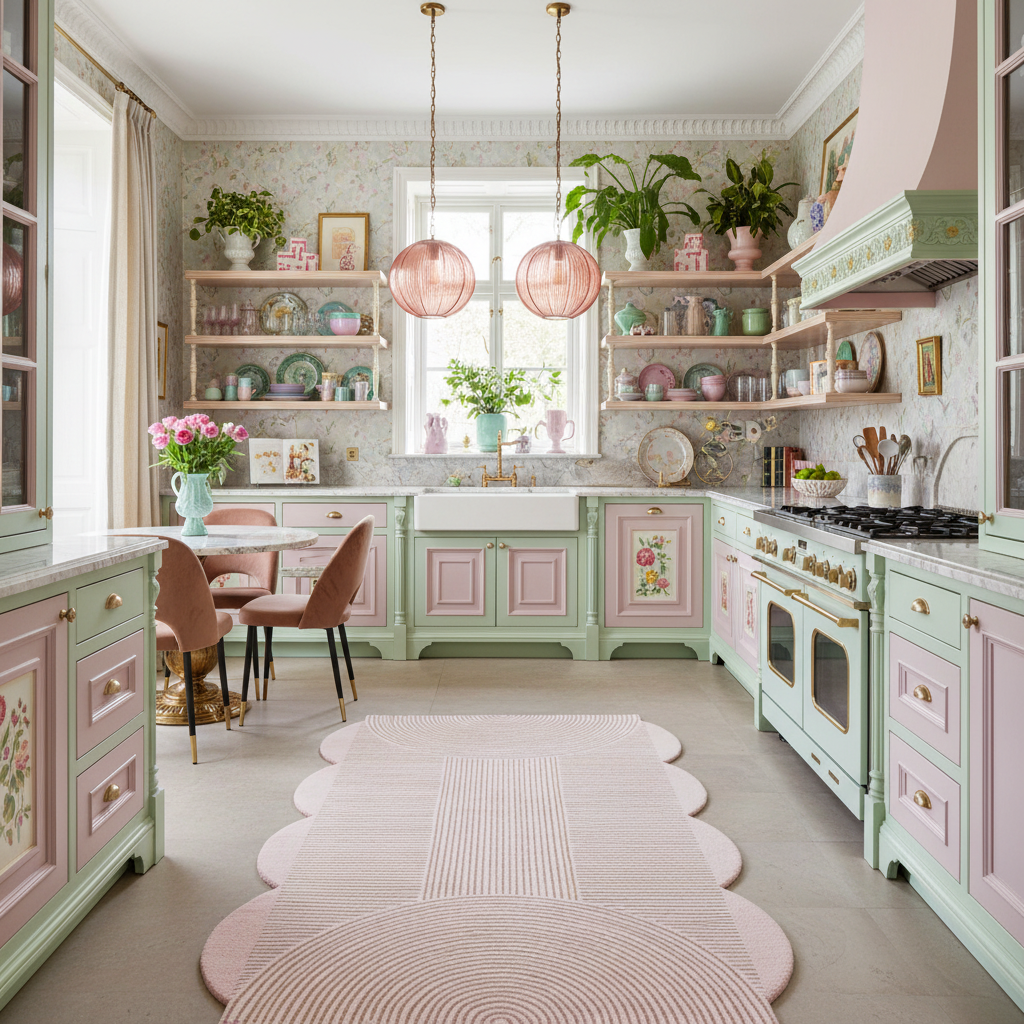 Modern kitchen with green and pink cabinets, white countertops, and decorative elements.