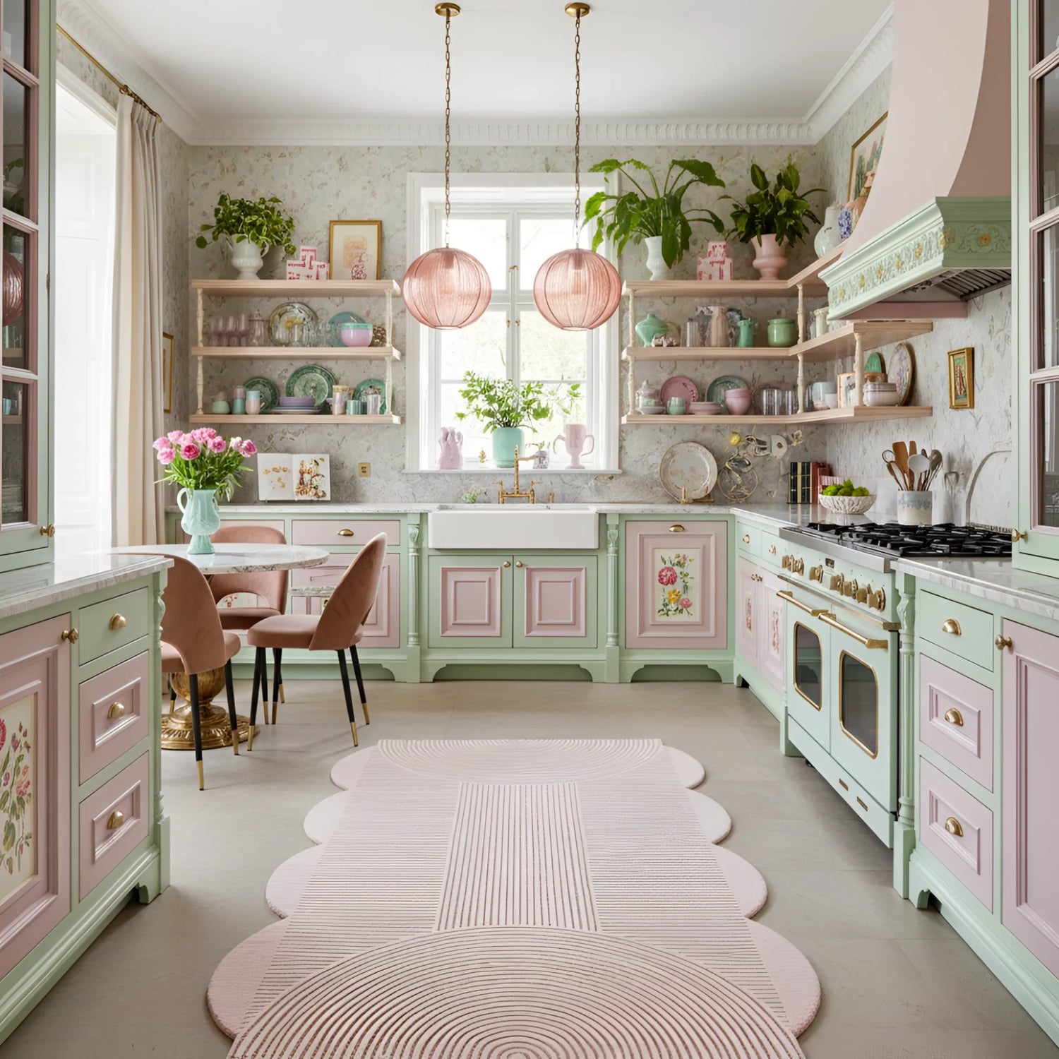 Modern kitchen with green and pink cabinets, white countertops, and decorative elements.