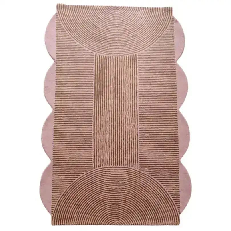 A stylish pink scallop arch geometric hand-tufted wool area rug, perfect for dining room carpets and living room and dining room rugs. The rug features intricate line patterns and scalloped edges, adding elegance to any space.