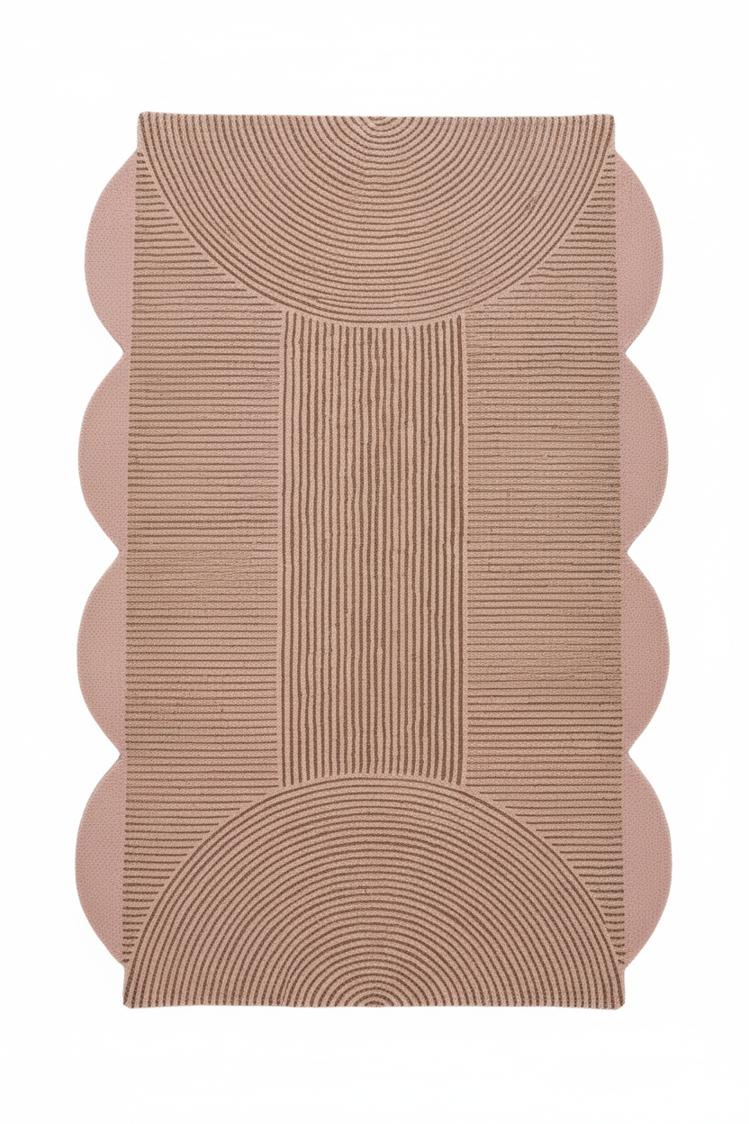 tufted wool rug with scalloped edges on a white background