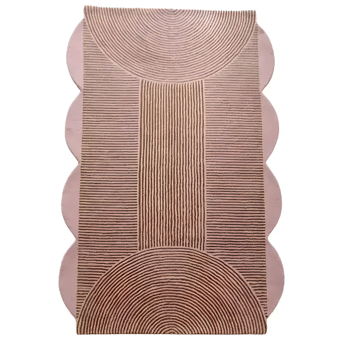 A stylish pink scallop arch geometric hand-tufted wool area rug, perfect for dining room carpets and living room and dining room rugs. The rug features intricate line patterns and scalloped edges, adding elegance to any space.