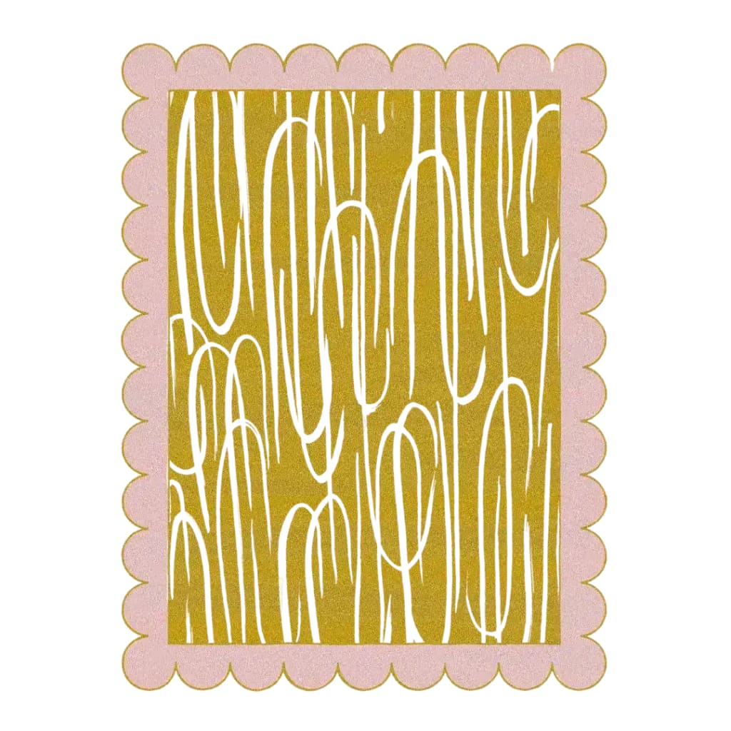 A stylish area rug with a modern design, featuring a vibrant pattern in shades of mustard yellow. The rug is bordered by a distinctive pink scalloped edge, creating a contemporary focal point for any living room. This wool rug is perfect for adding a touch of elegance to your space, measuring 8x10, ideal for area rugs for living room settings.