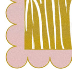 Close-up view of a pink scalloped edge contemporary art hand-tufted wool rug, featuring a bold abstract design in gold hues. This area rug is perfect for adding a touch of modern elegance to living rooms, especially in an 8x10 size.