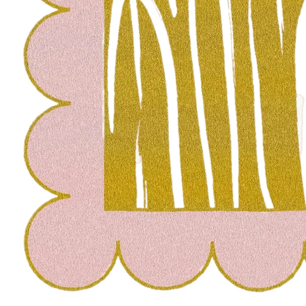 Close-up view of a pink scalloped edge contemporary art hand-tufted wool rug, featuring a bold abstract design in gold hues. This area rug is perfect for adding a touch of modern elegance to living rooms, especially in an 8x10 size.