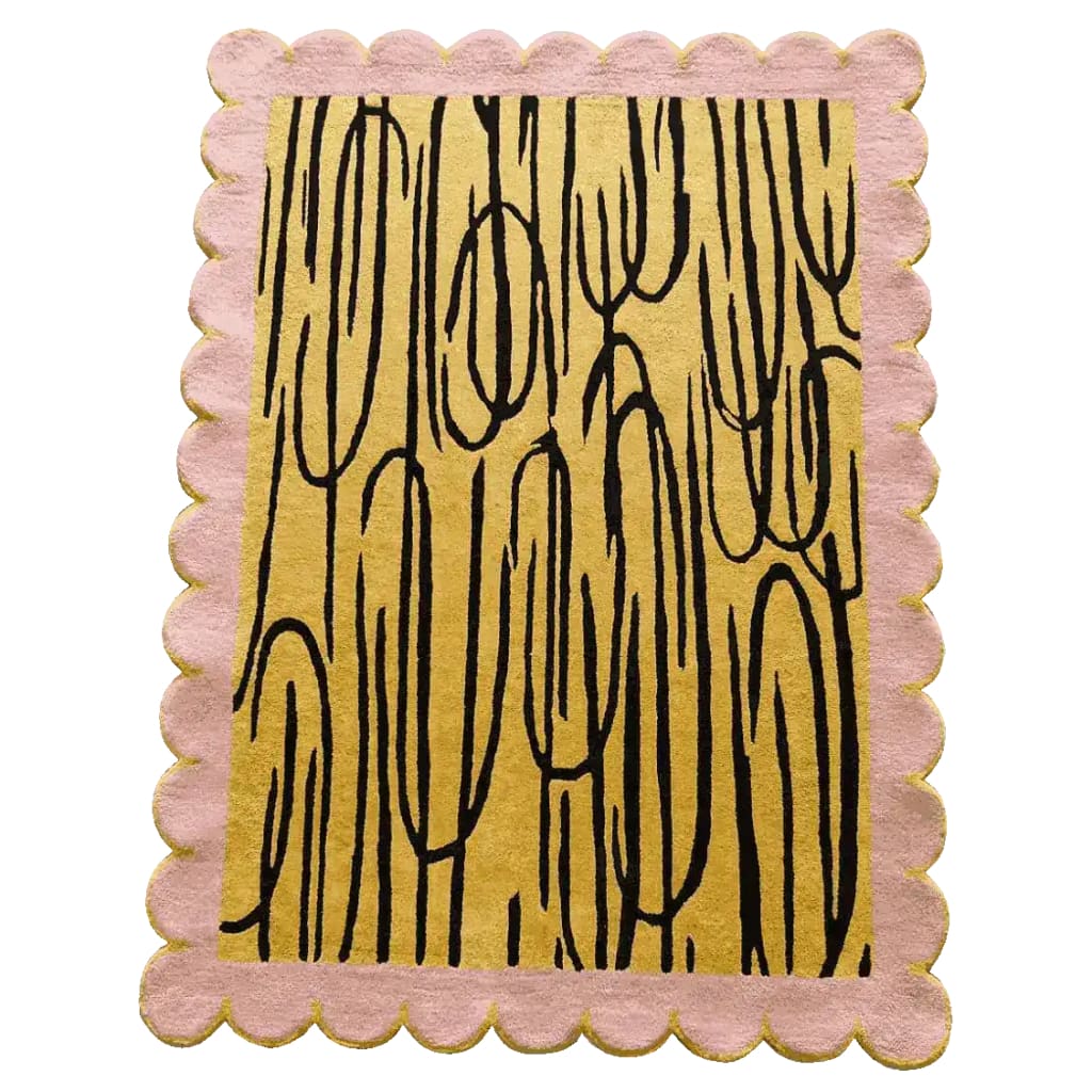 A stylish area rug featuring a unique abstract design with black lines on a warm yellow background, framed by a playful pink scalloped edge. This wool rug is perfect for adding a contemporary touch to living rooms, sized at 8x10, making it an ideal centerpiece among area rugs for the living room.
