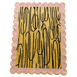 A stylish area rug featuring a unique abstract design with black lines on a warm yellow background, framed by a playful pink scalloped edge. This wool rug is perfect for adding a contemporary touch to living rooms, sized at 8x10, making it an ideal centerpiece among area rugs for the living room.