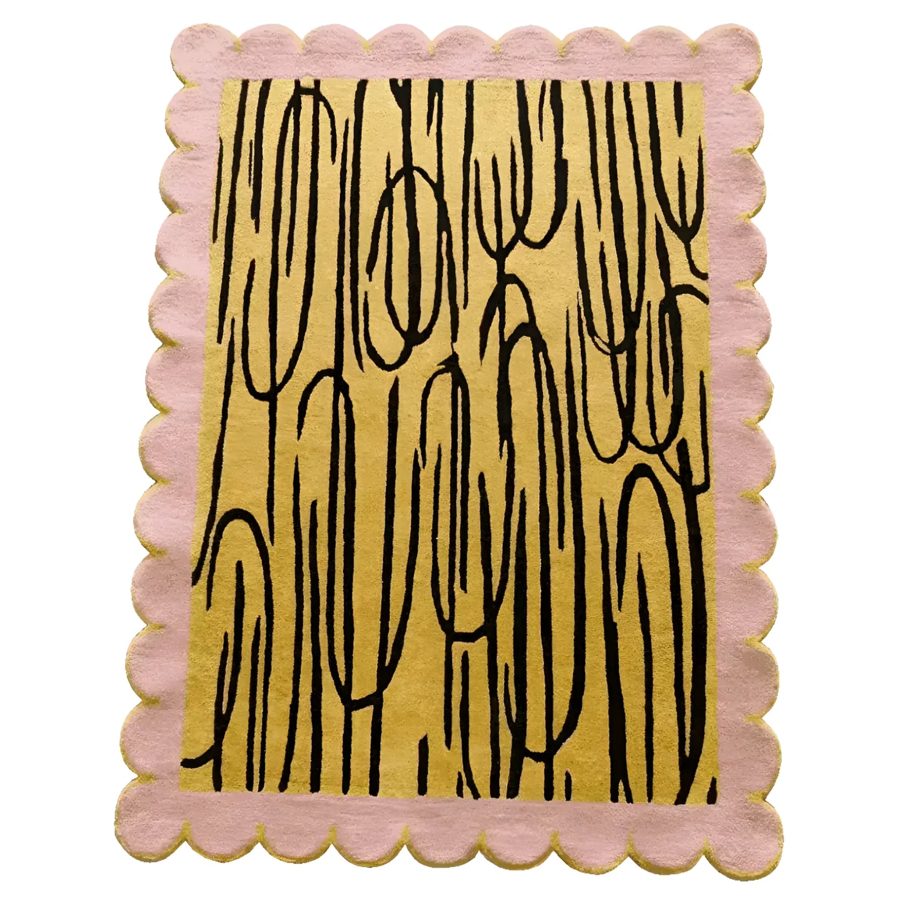 A stylish area rug featuring a unique abstract design with black lines on a warm yellow background, framed by a playful pink scalloped edge. This wool rug is perfect for adding a contemporary touch to living rooms, sized at 8x10, making it an ideal centerpiece among area rugs for the living room.