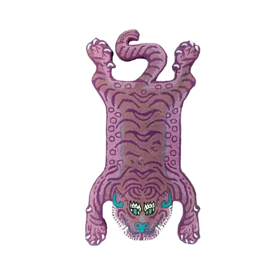 Unique Pink Tibetan Tiger Accent Wool Rug, ideal for living room area rugs. This vintage rug features a stylized abstract tiger design, making it a standout piece among large area rugs. Perfect for adding character to your living room.