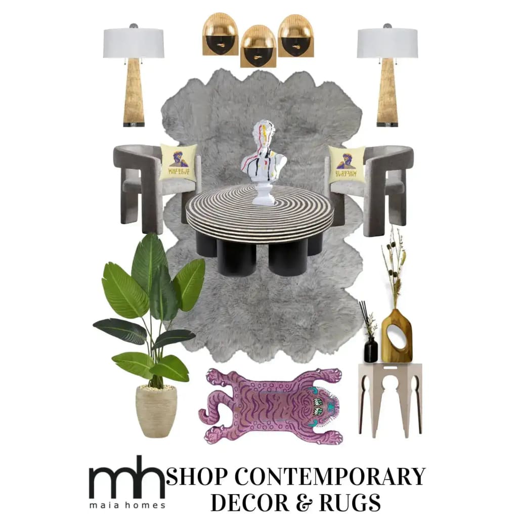 Discover a stylish living room setup featuring a Pink Tibetan Tiger Accent Wool Rug laid out as a centerpiece. This vintage rug adds a splash of character to the space, complemented by modern decor elements including plush chairs, a striped coffee table, and elegant lighting. Ideal for those seeking unique living room area rugs, this large wool rug perfectly balances contemporary design with a touch of whimsy.