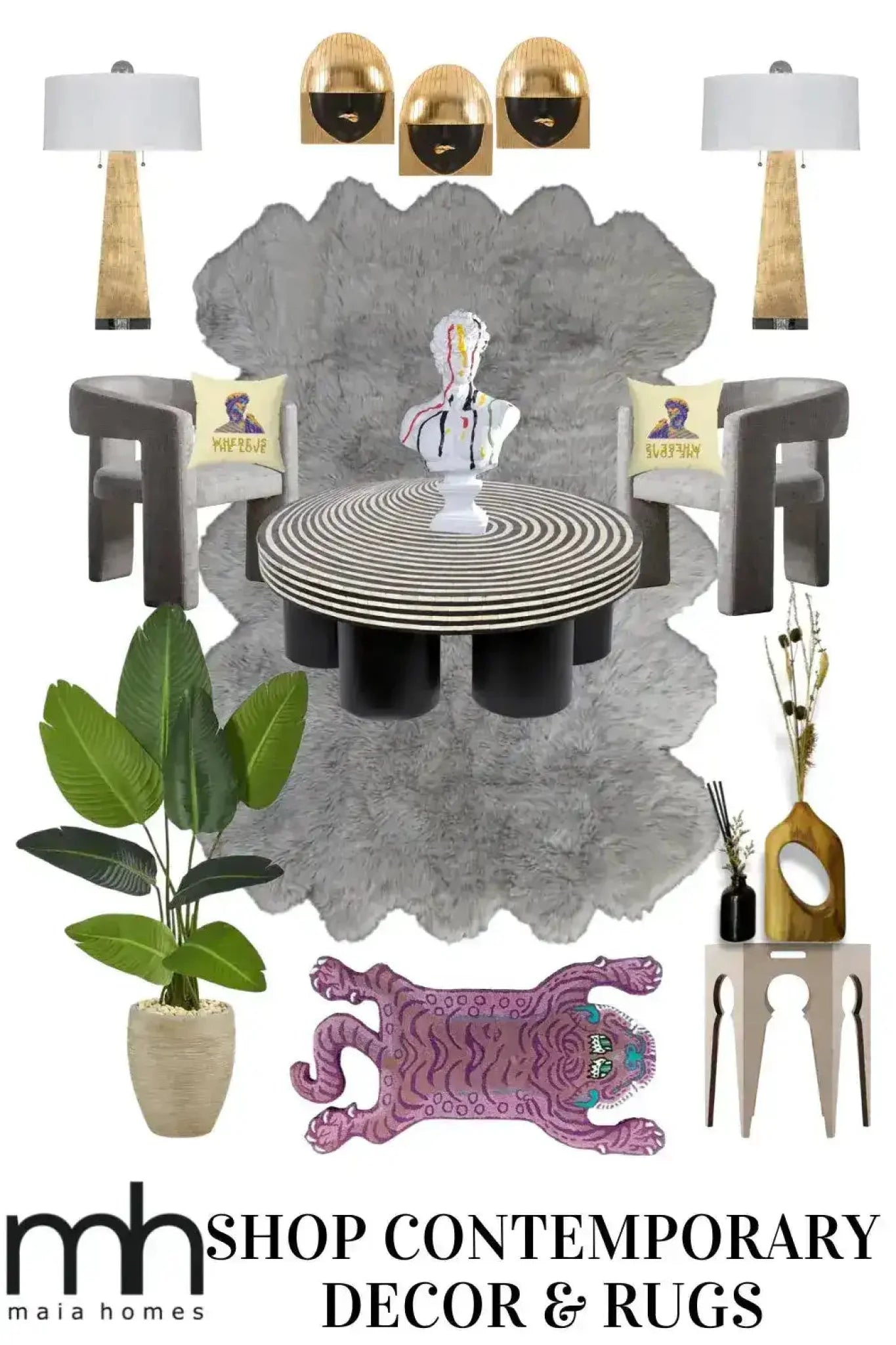 Discover a stylish living room setup featuring a Pink Tibetan Tiger Accent Wool Rug laid out as a centerpiece. This vintage rug adds a splash of character to the space, complemented by modern decor elements including plush chairs, a striped coffee table, and elegant lighting. Ideal for those seeking unique living room area rugs, this large wool rug perfectly balances contemporary design with a touch of whimsy.