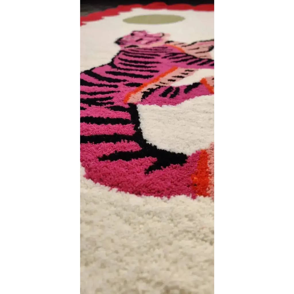Pink Tiger and the Sun Hand on Red and Beige Tufted Wool Rug