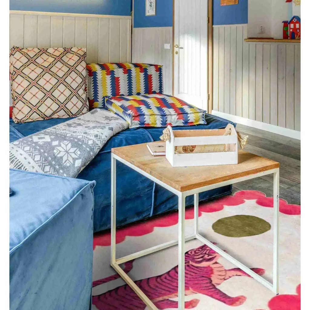 Pink Tiger and the Sun Hand on Red and Beige Tufted Wool Rug