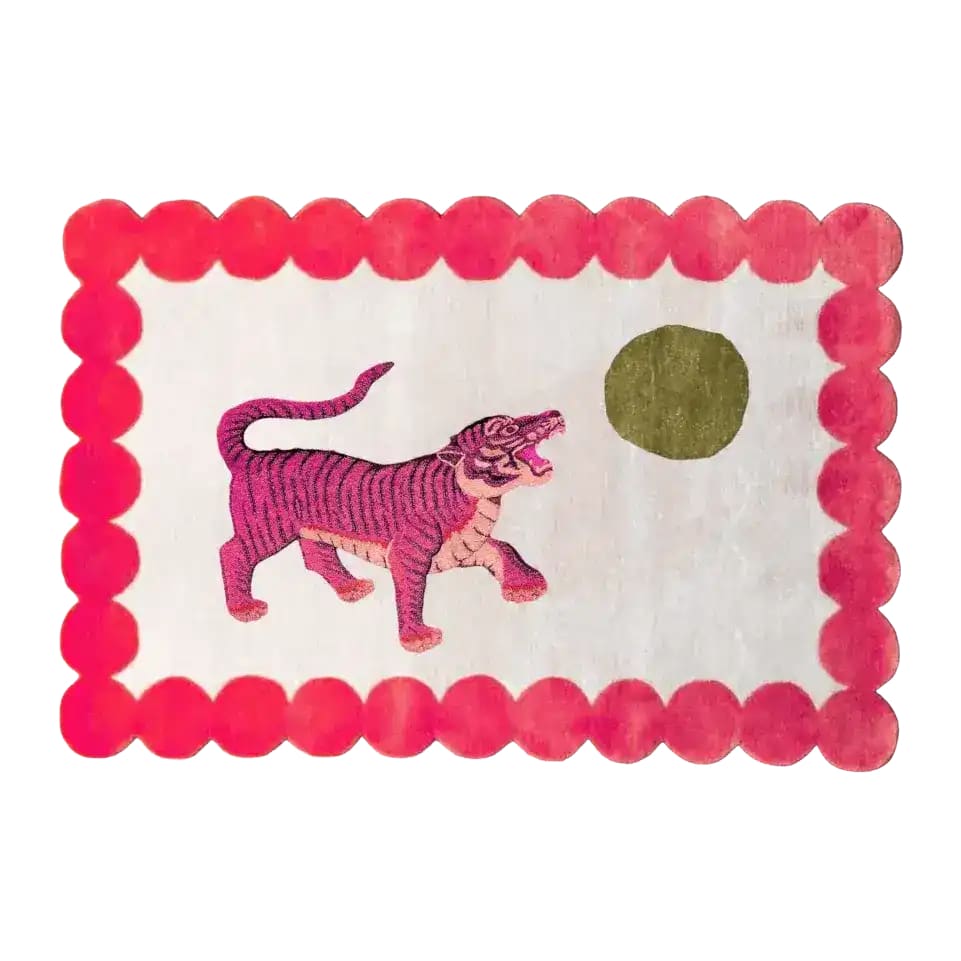 Pink Tiger and the Sun Hand on Red and Beige Tufted Wool Rug