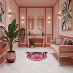 Pink room with a tiger rug, sofa, and decorative elements.