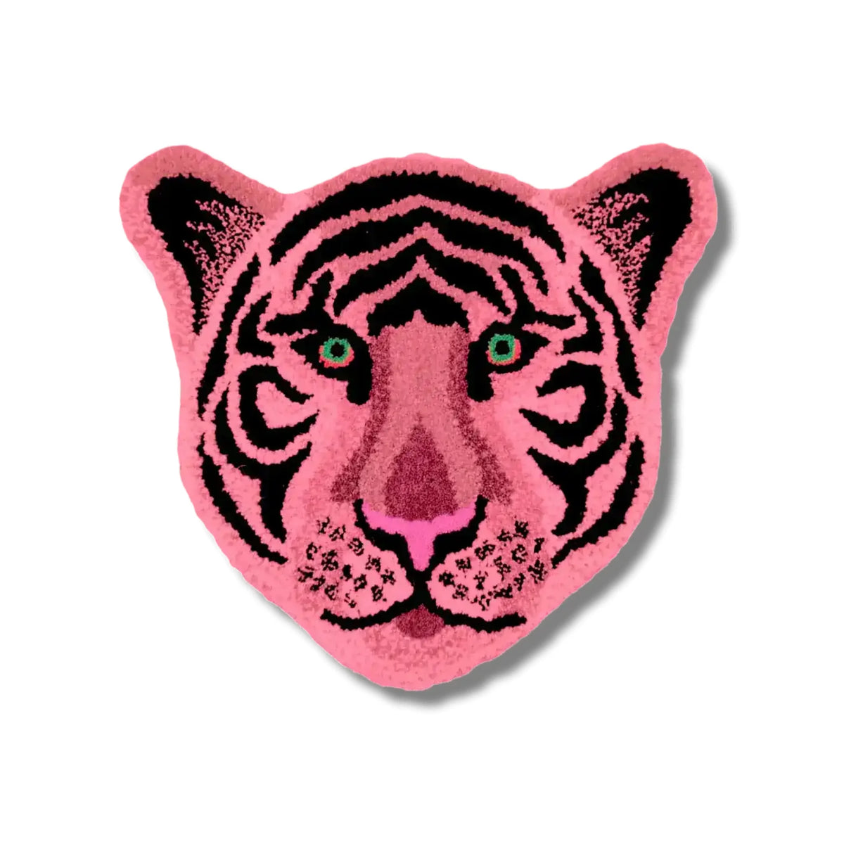 A vibrant Pink Tiger Face Hand-Tufted Wool Accent Rug, perfect for a contemporary living room. This striking area rug, shaped like a tiger's face, adds a bold statement to large living room spaces. Ideal for those looking for unique living room rugs in 8x10 dimensions, this wool rug combines artistry with comfort.