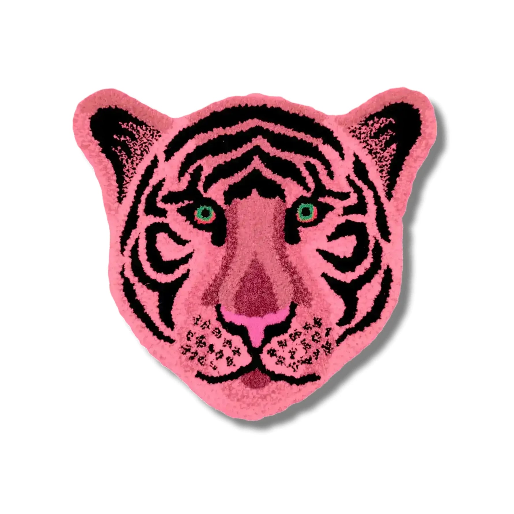 A vibrant Pink Tiger Face Hand-Tufted Wool Accent Rug, perfect for a contemporary living room. This striking area rug, shaped like a tiger's face, adds a bold statement to large living room spaces. Ideal for those looking for unique living room rugs in 8x10 dimensions, this wool rug combines artistry with comfort.