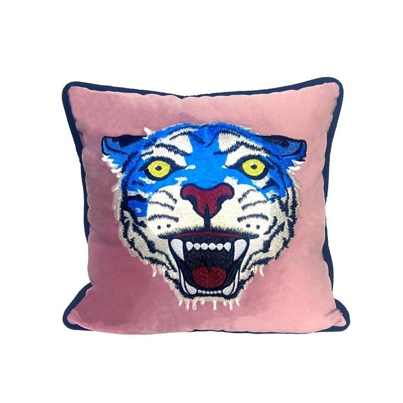 Pink Tiger Head Embroidery Pillow Cover Blue