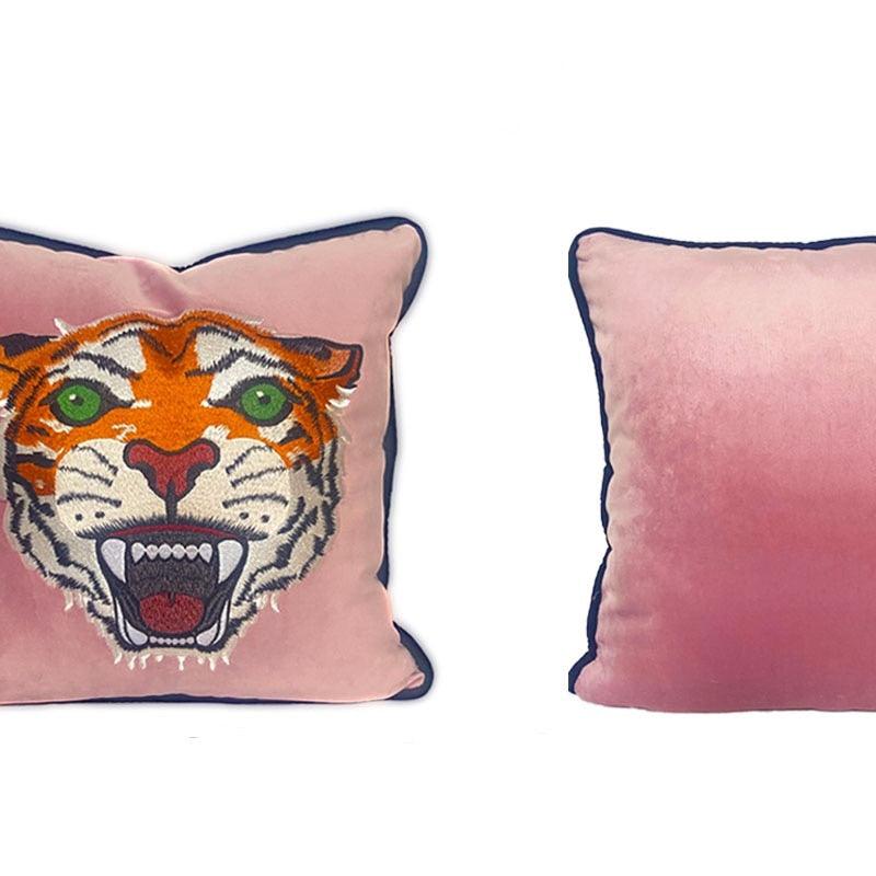 Pink Tiger Head Embroidery Pillow Cover - MAIA HOMES