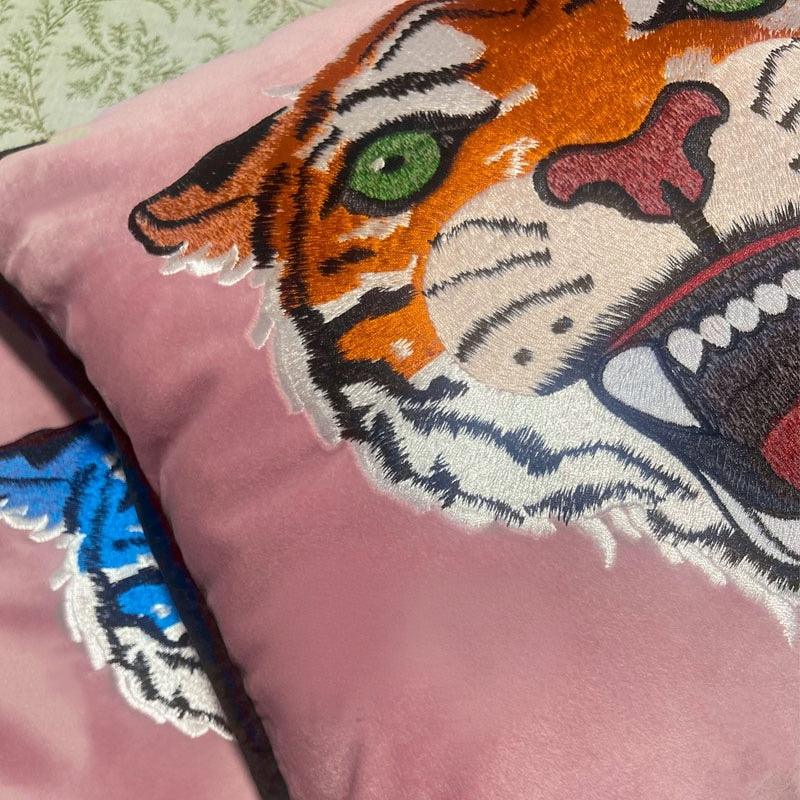 Pink Tiger Head Embroidery Pillow Cover