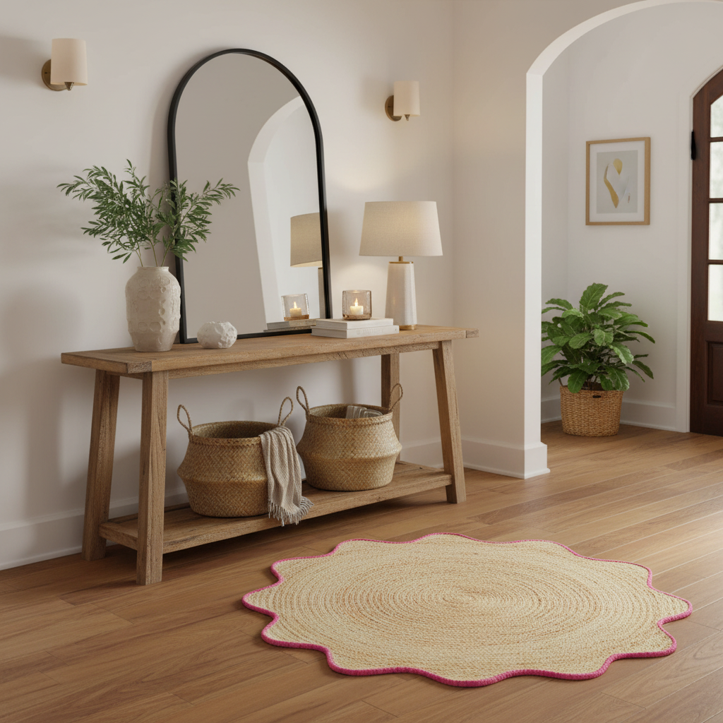 Alfombra redonda de yute natural con ribete rosa