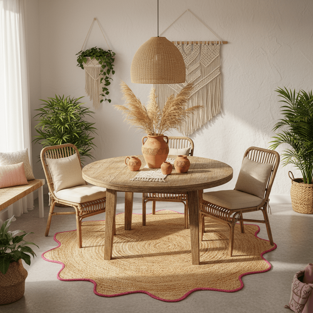 Dining area with wooden table, chairs, pink jute rug, and decorative elements in a bright room.